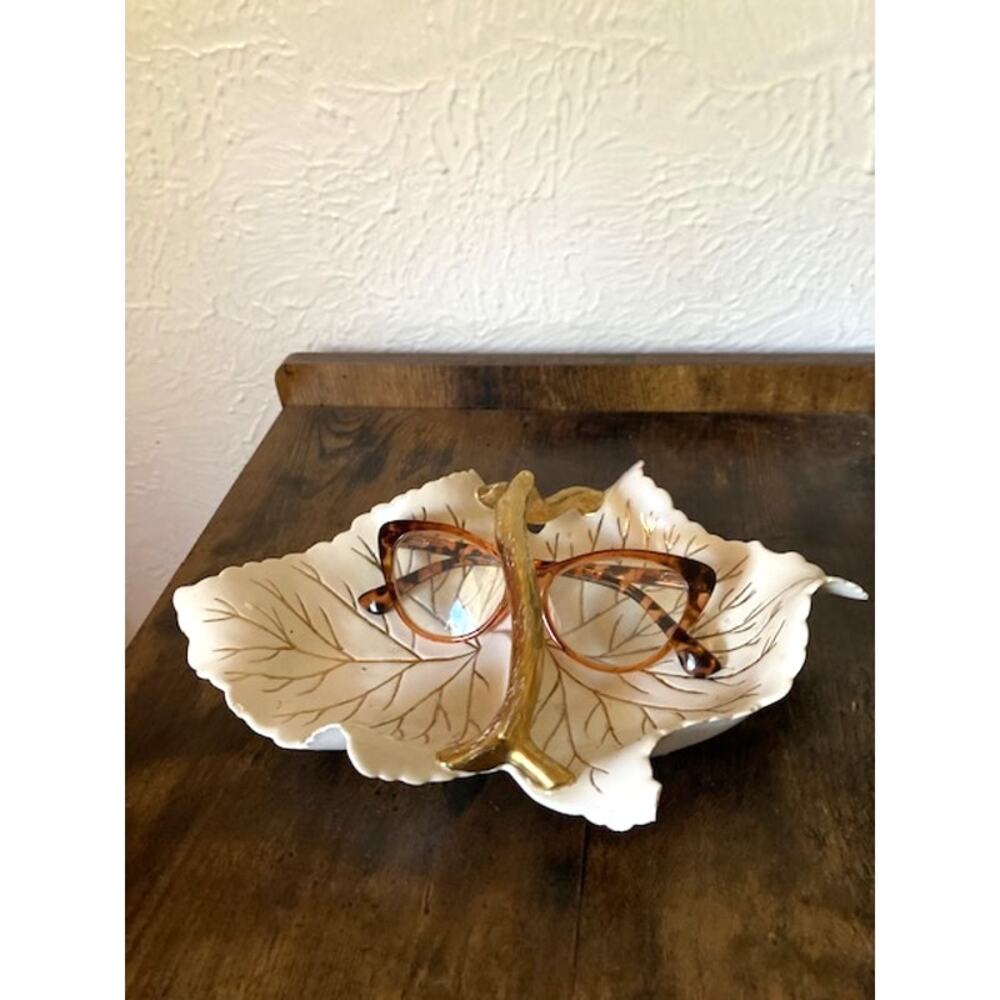 Mid Century White & Gold Ceramic Leaf Dish Candy Dish With Handle